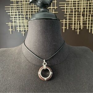Sterling Silver And Wood Open Circle Pendant On 16” Rubber Necklace